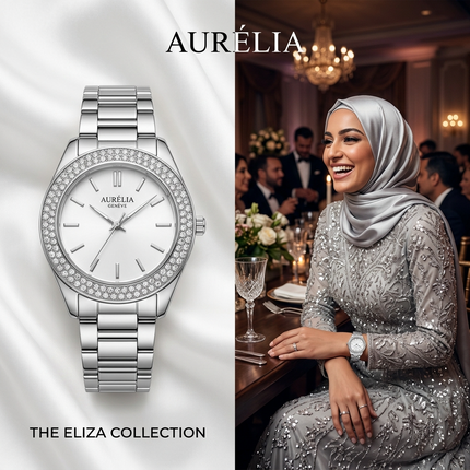 "ساعة نسائية Aura Emerald ستيل مع ذهب 18K مربعة 35 ملم مع إطار ماسات وياقوت أخضر وأرقام رومانية ذهبية مينا أخضر زمردي فاخر حركة كوارتز سويسري من كنوز مصر"