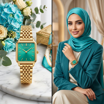 ساعة نسائية Aurora Emerald من كنوز مصر - ذهب 24K خالص، تصميم مربع 32×40 ملم مع 85 ماسة نمساوية VS1 براقة، ميناء أخضر زمردي فاتن، سلسلة كروية مزدوجة فاخرة، حركة كوارتز سويسري دقيقة، مقاومة للماء 100 متر، زجاج ياقوت بلوري 99.9%، وزن 125 غ، هدية فاخرة للمناسبات والمناسبات الخاصة
