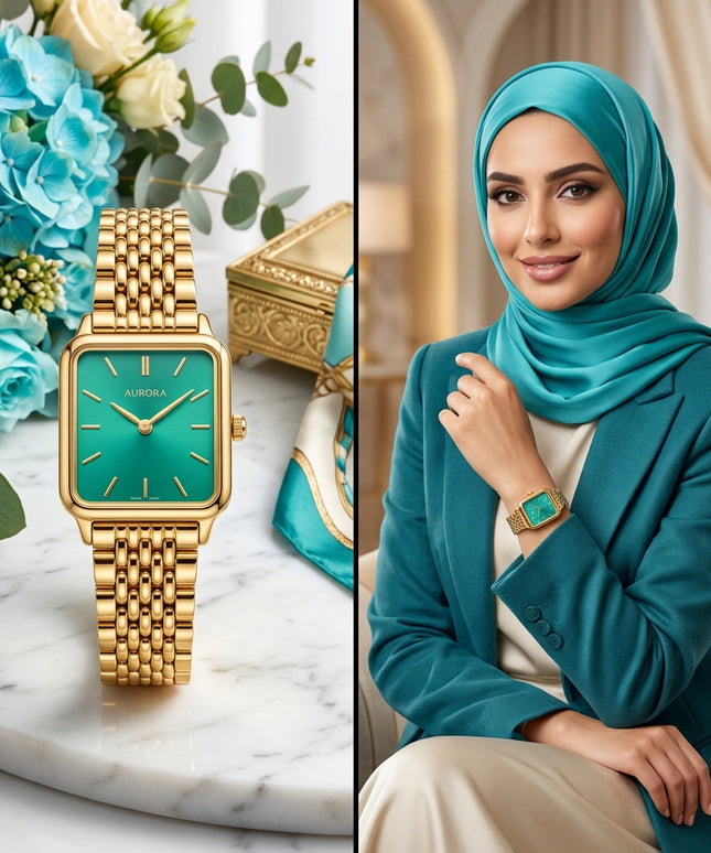 ساعة نسائية Aurora Emerald من كنوز مصر - ذهب 24K خالص، تصميم مربع 32×40 ملم مع 85 ماسة نمساوية VS1 براقة، ميناء أخضر زمردي فاتن، سلسلة كروية مزدوجة فاخرة، حركة كوارتز سويسري دقيقة، مقاومة للماء 100 متر، زجاج ياقوت بلوري 99.9%، وزن 125 غ، هدية فاخرة للمناسبات والمناسبات الخاصة
