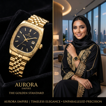 ساعة نسائية Aurora Elegance من معدن ستيل 316L بطلاء ذهبي عيار 18K فاتح، شاشة دائرية أنيقة 33 ملم، 55 ماسة حقيقية حول الإطار، نقاط ماسية بدلاً من الأرقام، عقارب ذهبية فاتحة براقة، حركة كوارتز سويسرية، وزن خفيف 92 غرام - كنوز مصر
