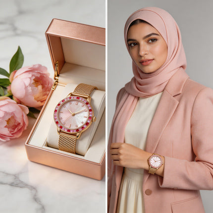  "ساعة نسائية Aurora Timeless ذهبية دائرية 32 ملم مع سلسلة كروية ذهبية وماسات 85 نمساوية أصلية درجة VS1 من ذهب 24K خالص حركة كوارتز سويسري دقيق وزجاج ياقوت مقبب من كنوز مصر"
