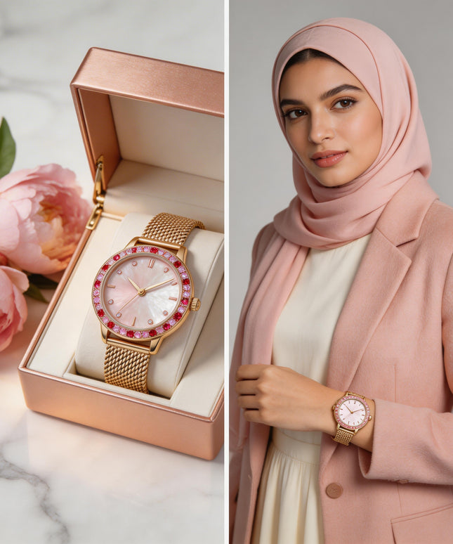  "ساعة نسائية Aurora Timeless ذهبية دائرية 32 ملم مع سلسلة كروية ذهبية وماسات 85 نمساوية أصلية درجة VS1 من ذهب 24K خالص حركة كوارتز سويسري دقيق وزجاج ياقوت مقبب من كنوز مصر"
