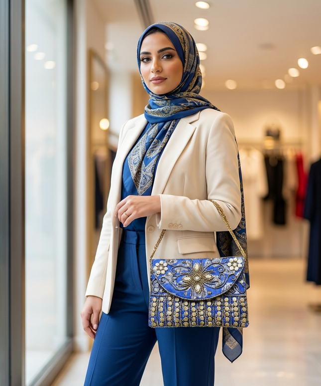 تفاصيل قريبة لشنطة ملكة الفاخرة على قاعدة رخامية بيضاء في متجر فاخر - كلاتش أزرق ملكي بتطريز يدوي على طبقتين متميزتين: غطاء علوي بزهرة كريستالية ونقوش بيزلي مرصعة باللؤلؤ الأبيض وجسم سفلي بخطوط عمودية من الخرز الذهبي والفضي اللامع مع شراشيب قماشية أنيقة متدلية وسلسلة ذهبية قابلة للفصل - تحفة فنية ملكية للمناسبات الفاخرة من كنوز مصر
