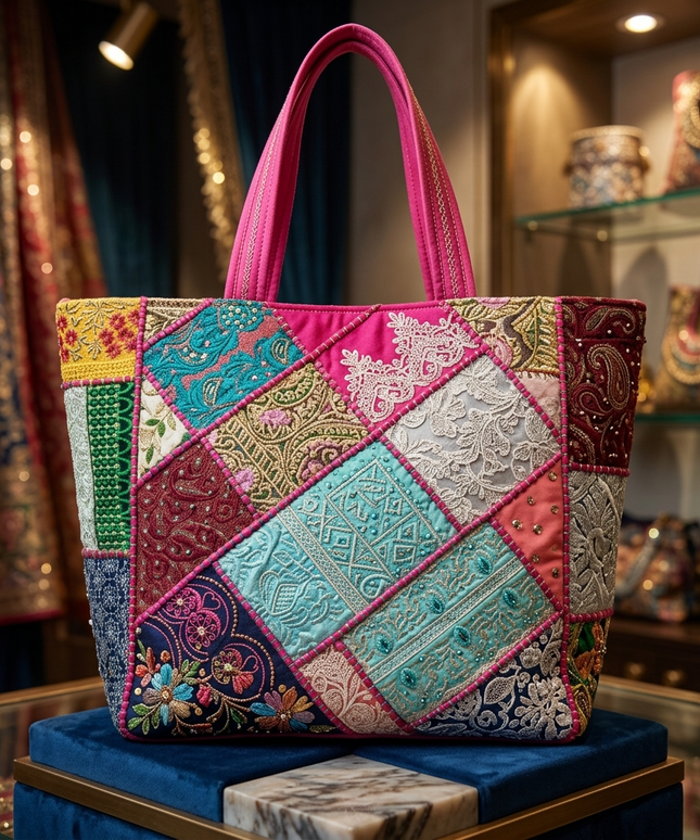 صورة مقربة لشنطة فسيفساء البهجة على قاعدة زرقاء فاخرة تظهر دقة الباتشورك الهندسي المنتظم - 18-22 مربع ومستطيل قماشي (7-9 سم) مرتب في نمط فسيفسائي متوازن ومدروس هندسياً - كل مربع مطرز يدوياً بنمط فريد: زخارف بيزلي ذهبية، دوائر متداخلة فضية، خطوط هندسية ملونة، أزهار تقليدية، نقوش شرقية دقيقة - ألوان متناغمة مبهجة: فوشيا وردي نابض، تركواز أزرق ساحر، أخضر زمردي منعش، بيج ذهبي فاخر، بنفسجي أرجواني راقي - خرز ملون وترتر ناعم لامع موزع بتناسق - حواف فوشيا قوية بخياطة مزدوجة - يدان فوشيا مبطنة مريحة - سحاب YKK ذهبي