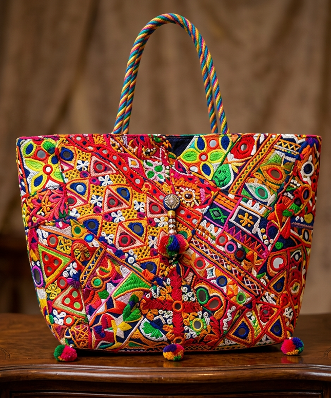 صورة مقربة لشنطة كرنفال الألوان على طاولة خشبية تظهر دقة التطريز اليدوي الهندي Banjara والمرايا العاكسة Shisha - زخارف هندسية متداخلة بألوان قوس قزح الكاملة: أحمر ناري، برتقالي مشرق، أصفر ذهبي، أخضر زمردي، أزرق سماوي، بنفسجي ملكي - مئات من حبات الخرز الملون والمرايا الصغيرة اللامعة مع يد مجدولة بألوان متعددة وشراشيب بوم بوم صوفية ملونة متدلية - تصميم بوهيمي فاخر للاستخدام اليومي من كنوز مصر
