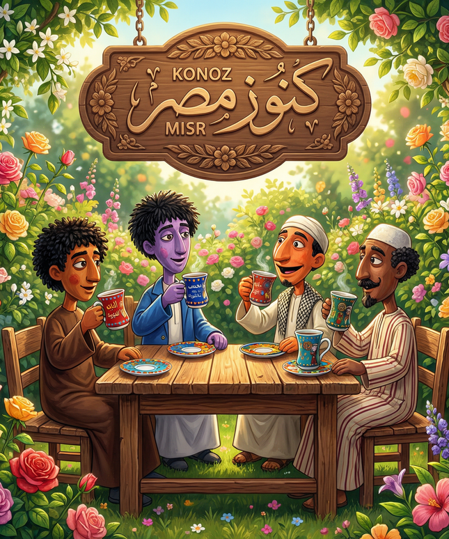 طقم فناجين إستكانة الليلة الكبيرة بورسلين فاخر بتصميم فلكلوري مبهج بألوان زاهية من فتحي محمود - كنوز مصر
