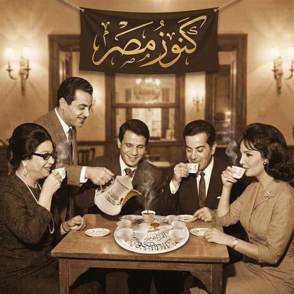 طقم القهوة الكلاسيكية الأنيقة من بورسلين فتحي محمود - فناجين صغيرة بصحون وصينية تقديم دائرية بتصميم تراثي كلاسيكي للقهوة العربية الأصيلة من كنوز مصر
