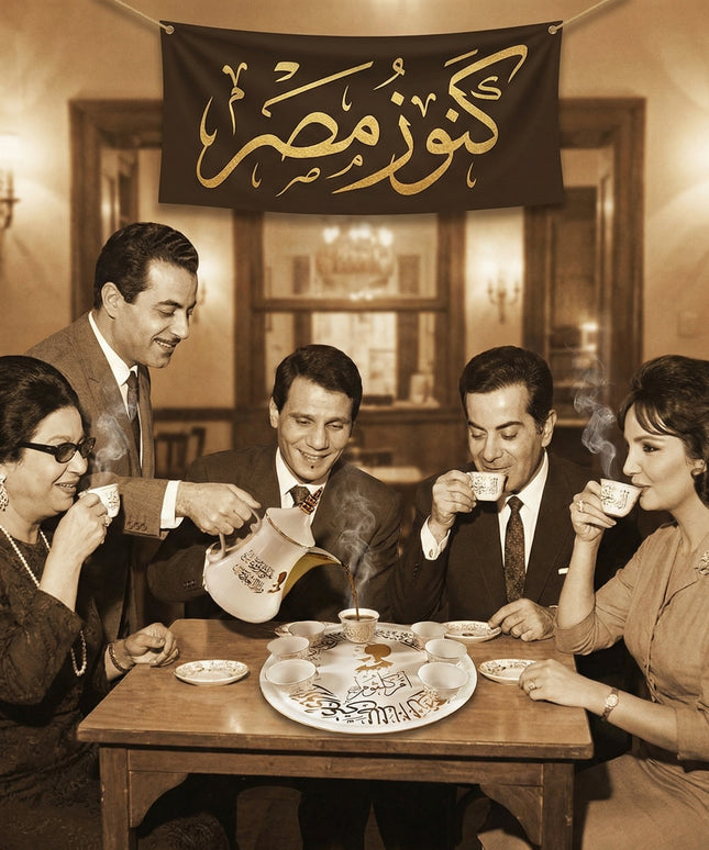 طقم القهوة الكلاسيكية الأنيقة من بورسلين فتحي محمود - فناجين صغيرة بصحون وصينية تقديم دائرية بتصميم تراثي كلاسيكي للقهوة العربية الأصيلة من كنوز مصر
