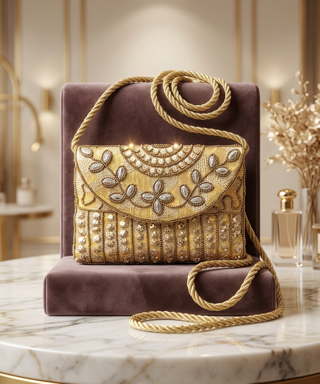 تفاصيل التطريز اليدوي الفاخر والحبل المجدول العصري لشنطة كنوز نفرتيتي الذهبية - صناعة حرفيات مصريات
