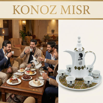 كوب المجالس التراثي الكبير مع غطاء بورسلين وصينية تقديم - تصميم كلاسيكي مثالي للضيافة الراقية والمناسبات الخاصة