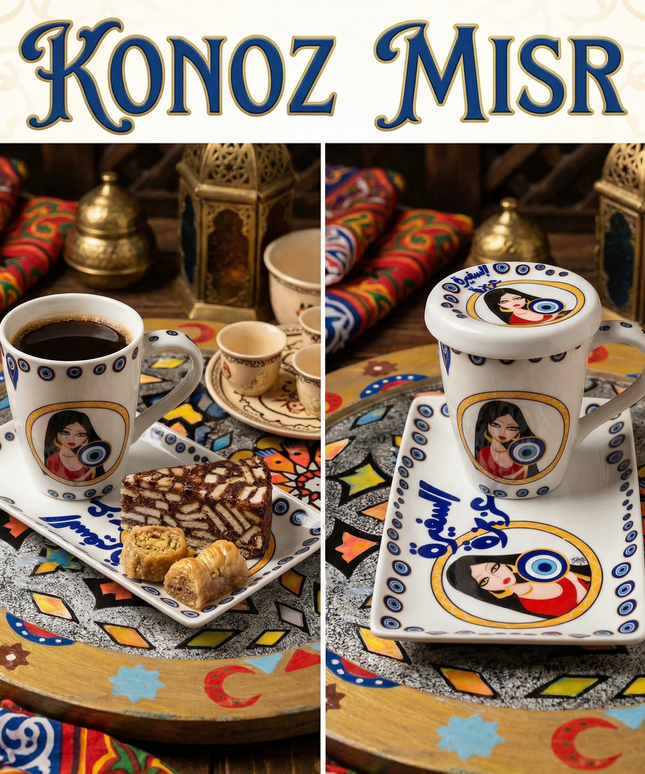 طقم السفيرة عزيزة التراثي من بورسلين فتحي محمود - أكواب كبيرة بغطاء وصواني تقديم بتصميم ريفي وألوان ترابية دافئة من كنوز مصر
