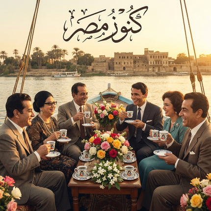 طقم فناجين حكاية مصرية بورسلين فاخر من فتحي محمود - خط عربي أصيل وزخارف ذهبية - كنوز مصر
