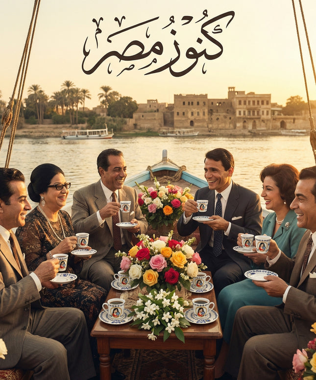 طقم فناجين حكاية مصرية بورسلين فاخر من فتحي محمود - خط عربي أصيل وزخارف ذهبية - كنوز مصر
