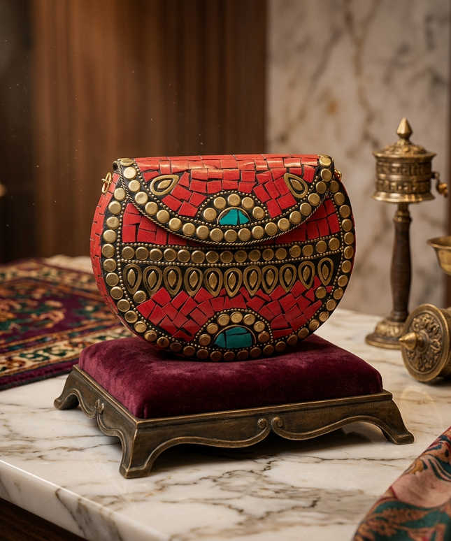  تفاصيل قريبة لشنطة ياقوتة النيل الحمراء - موزاييك فرعوني فاخر بأحجار حمراء ياقوتية وفيروز مصري مع تطعيمات نحاسية ذهبية على قاعدة مخملية
