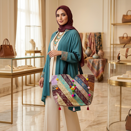  شنطة السلطانة الملونة من كنوز مصر على طاولة رخامية ذهبية في متجر فاخر – حقيبة توت كبيرة بتصميم باتشوورك مائل بشرائط قماشية فاخرة بنقوش شرقية ذهبية وفضية، ألوان ملكية (بنفسجي، تركواز، بني، ذهبي، أزرق)، بوم بوم ملونة نابضة بالحياة على كل الحواف، وشرابات قماشية أنيقة متدلية – تحفة فنية عملية للاستخدام اليومي
