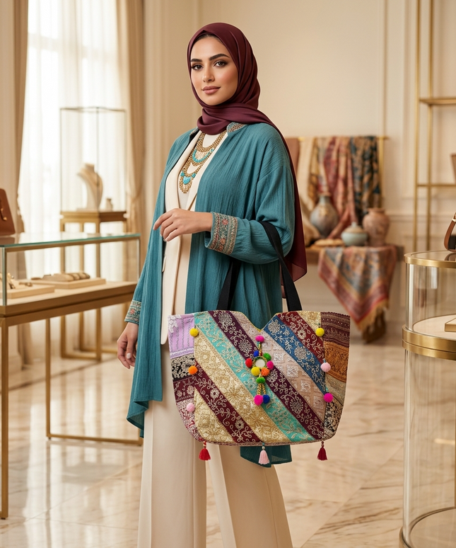  شنطة السلطانة الملونة من كنوز مصر على طاولة رخامية ذهبية في متجر فاخر – حقيبة توت كبيرة بتصميم باتشوورك مائل بشرائط قماشية فاخرة بنقوش شرقية ذهبية وفضية، ألوان ملكية (بنفسجي، تركواز، بني، ذهبي، أزرق)، بوم بوم ملونة نابضة بالحياة على كل الحواف، وشرابات قماشية أنيقة متدلية – تحفة فنية عملية للاستخدام اليومي
