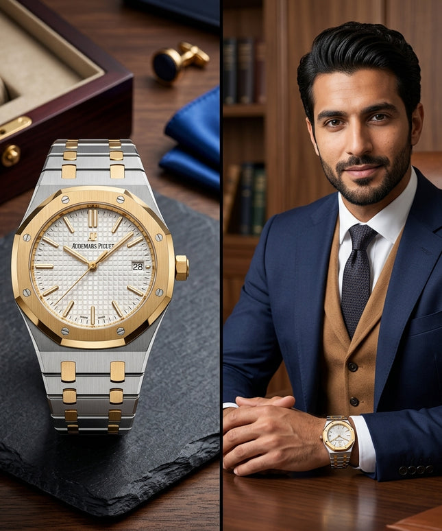 ساعة Cartier Santos Gold & Steel الفاخرة جداً - ذهب 18K مع ستيل وميناء كريمي وأرقام ذهبية - كنوز مصر
