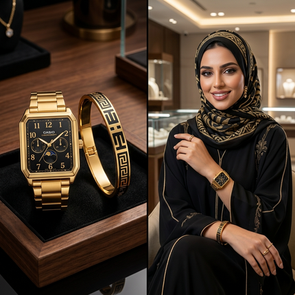 ساعة Aurora Elegance Diamonds ستيل 316L مع ذهب 18K دائرية 36 ملم، 200+ ماسة نمساوية VS1 براقة حول الإطار كاملاً وحول السلسلة، إطار لؤلؤي محاط بالماسات، ميناء أسود ناصع مع أرقام ذهبية، حركة كوارتز سويسري دقيقة (±15 ثانية)، مقاومة ماء 150 متر، من كنوز مصر
