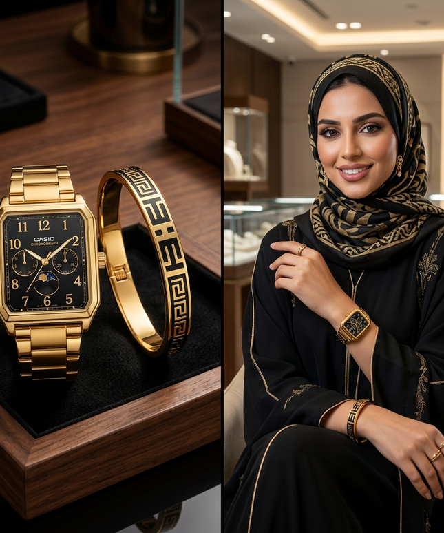 ساعة Aurora Elegance Diamonds ستيل 316L مع ذهب 18K دائرية 36 ملم، 200+ ماسة نمساوية VS1 براقة حول الإطار كاملاً وحول السلسلة، إطار لؤلؤي محاط بالماسات، ميناء أسود ناصع مع أرقام ذهبية، حركة كوارتز سويسري دقيقة (±15 ثانية)، مقاومة ماء 150 متر، من كنوز مصر
