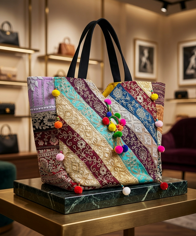 موديل محجبة أنيقة في متجر فاخر ترتدي حجاب بني وكارديجان تركواز أنيق وقلادة فيروزية وتحمل شنطة السلطانة الملونة من كنوز مصر – حقيبة توت كبيرة بباتشوورك مائل ملون بشرائط فاخرة بنقوش ذهبية وبوم بوم ملونة وشرابات متدلية، مناسبة للجامعة والعمل والسفر والهدايا الفنية