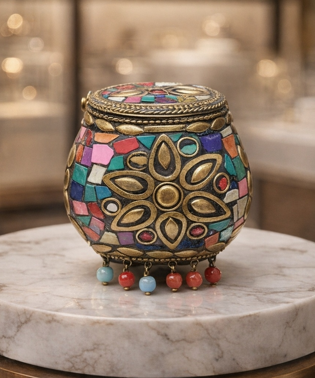 تفاصيل قريبة لشنطة تميمة السعادة - ميكرو كلاتش موزاييك على شكل جرة مرصعة بألوان مبهجة مع زهرة لوتس ذهبية و5 دلايات خرز ملونة - إكسسوار فني من كنوز مصر
