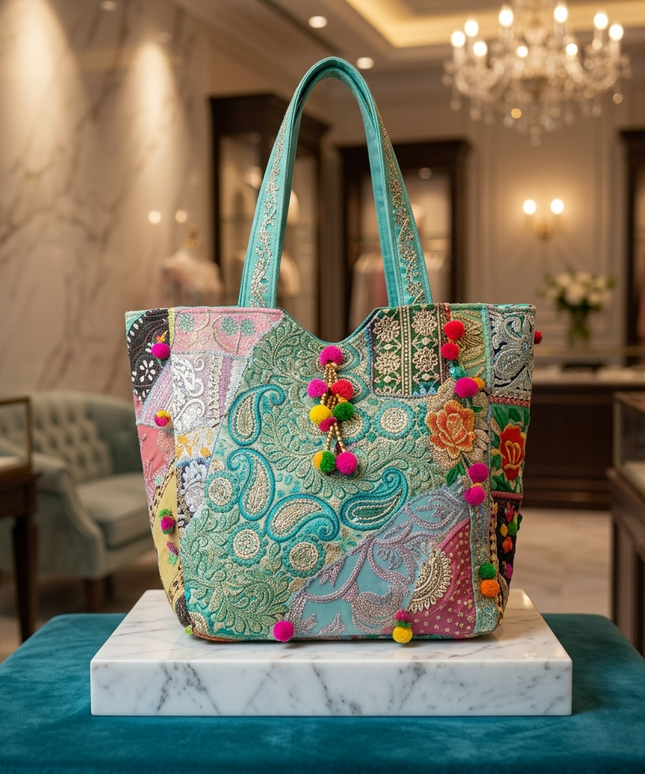 تفاصيل قريبة لشنطة فيروز السلطانة من كنوز مصر على قاعدة رخامية بيضاء – حقيبة توت بباتشوورك فني بقطع قماشية تركواز ومنت جرين: نقوش بيزلي شرقية بخيوط ذهبية وفضية، زهور مطرزة ملونة، وبوم بوم ملونة نابضة على كل الحواف – تحفة فنية بوهيمية راقية للاستخدام اليومي