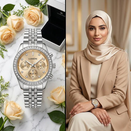 ساعة نسائية Lumière Classique من كنوز مصر - ستيل 316L فاخر مقاوم للصدأ، تصميم دائري 38 ملم، 200 ماسة نمساوية VS1 الأصلية حول الإطار كاملاً وحول السلسلة، ميناء بيج كريمي دافئ مع بريق ذهبي، إطار لؤلؤي كامل فاخر، أرقام ذهبية كلاسيكية، حركة كوارتز سويسري (±20 ثانية/شهر)، مقاومة للماء 150 متر (الأعلى)، زجاج ياقوت بلوري مع طبقة ضد الانعكاس، وزن 140 غ، مناسبة للاستخدام اليومي والمناسبات
