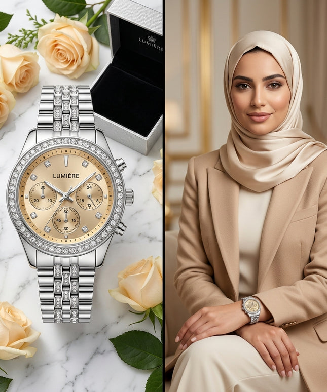ساعة نسائية Lumière Classique من كنوز مصر - ستيل 316L فاخر مقاوم للصدأ، تصميم دائري 38 ملم، 200 ماسة نمساوية VS1 الأصلية حول الإطار كاملاً وحول السلسلة، ميناء بيج كريمي دافئ مع بريق ذهبي، إطار لؤلؤي كامل فاخر، أرقام ذهبية كلاسيكية، حركة كوارتز سويسري (±20 ثانية/شهر)، مقاومة للماء 150 متر (الأعلى)، زجاج ياقوت بلوري مع طبقة ضد الانعكاس، وزن 140 غ، مناسبة للاستخدام اليومي والمناسبات
