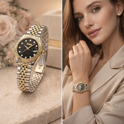 "ساعة نسائية Rose Gold Elegance ذهب وردي 24K خالص مع ستيل دائرية 38 ملم مع 12 ماسة نمساوية درجة أولى ومينا لؤلؤي أبيض وردي حركة كوارتز سويسري فائق من كنوز مصر"

