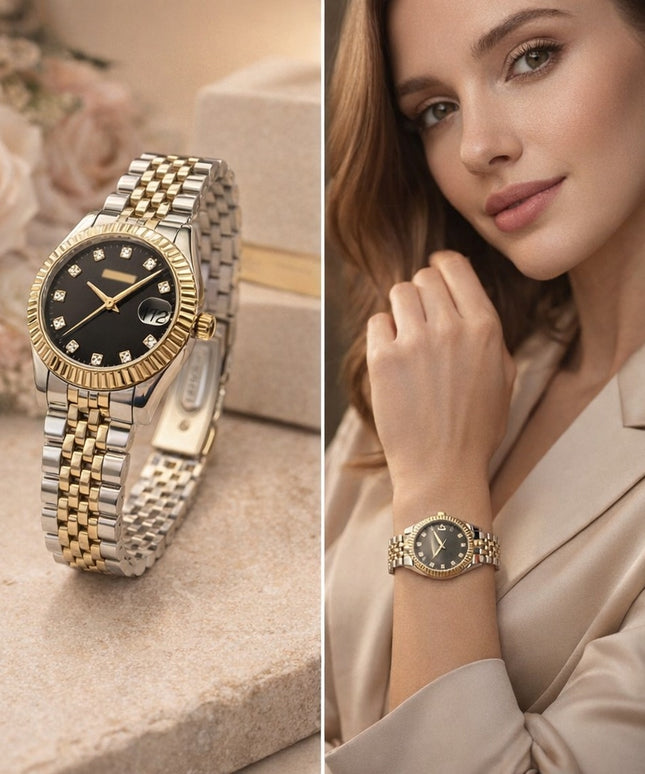 "ساعة نسائية Rose Gold Elegance ذهب وردي 24K خالص مع ستيل دائرية 38 ملم مع 12 ماسة نمساوية درجة أولى ومينا لؤلؤي أبيض وردي حركة كوارتز سويسري فائق من كنوز مصر"
