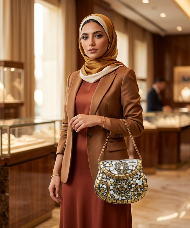 سيدة أعمال أنيقة محجبة تحمل شنطة كنوز الفراعنة الموزاييك في متجر فاخر - كلاتش فسيفساء فرعونية من كنوز مصر

