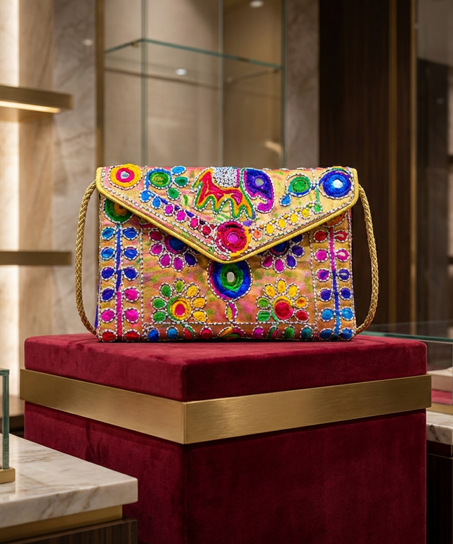 موديل محجبة أنيقة ترتدي عباية بيج فاخرة تحمل شنطة قصر الألوان الذهبية بحزام ذهبي - كلاتش راجستاني بمرايا ملونة وتطريز يدوي كثيف - حقيبة سهرة فاخرة للمناسبات الرمضانية والأفراح من كنوز مصر
