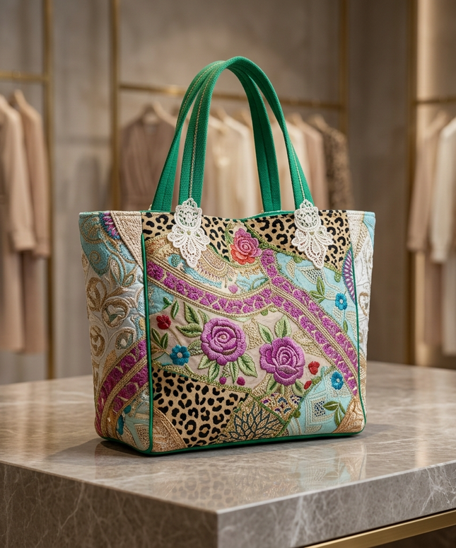 تفاصيل قريبة لشنطة بهجة البوهيمية على قاعدة رخامية بيضاء - توت كبيرة مصنوعة بتقنية الفسيفساء النسيجية المطرزة تظهر تفاصيل قماش البروكار الحريري والكانفس المطرز بنقوش الورود البارزة بالموف والفوشيا والزخارف البيزلي الشرقية مع لمسات ذهبية لامعة ويد كتف خضراء زمردية - تحفة فنية عملية للاستخدام اليومي من كنوز مصر
