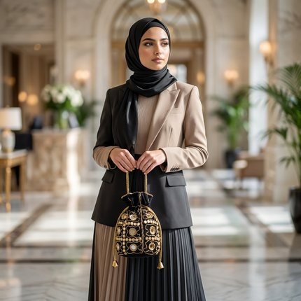 شنطة سحر الليل الأسود من مجموعة جواهر الليالي الساحرة - باطوة مخمل إيطالي أسود مطرزة يدوياً بتطريز Zardozi ذهبي كثيف مع أكثر من 400 مرآة كريستالية لامعة وتطعيمات ذهبية بارزة - سلسلة ذهبية قابلة للفصل - شنطة سهرة فاخرة للأفراح والمناسبات الرسمية من كنوز مصر
