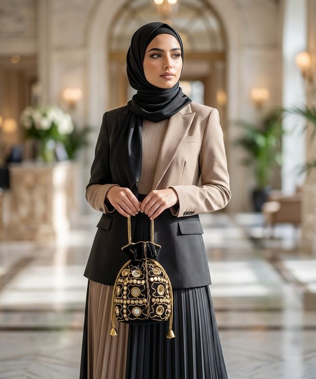 شنطة سحر الليل الأسود من مجموعة جواهر الليالي الساحرة - باطوة مخمل إيطالي أسود مطرزة يدوياً بتطريز Zardozi ذهبي كثيف مع أكثر من 400 مرآة كريستالية لامعة وتطعيمات ذهبية بارزة - سلسلة ذهبية قابلة للفصل - شنطة سهرة فاخرة للأفراح والمناسبات الرسمية من كنوز مصر
