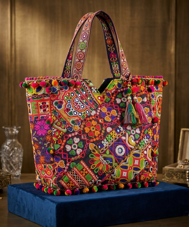 تفاصيل قريبة لشنطة السلطانة من كنوز مصر على قاعدة مخملية – حقيبة توت بتطريز يدوي باتشوورك ملون: زهور كبيرة وصغيرة، أشكال هندسية، نقوش بيزلي، مرايا عاكسة صغيرة، وبوم بوم وشرابات ملونة متدلية – تحفة فنية عملية للاستخدام اليومي