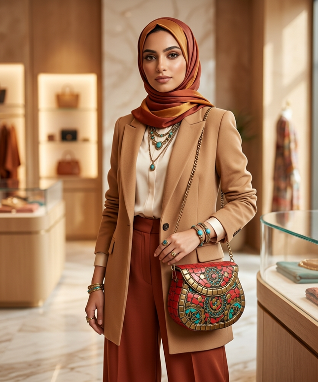 سيدة محجبة أنيقة ترتدي بدلة بيج رسمية تحمل شنطة كنز الفراعنة متعدد الألوان (أحمر مرجاني وفيروزي وذهبي) بحزام جلد طبيعي في متجر فاخر - إطلالة عمل راقية من كنوز مصر
