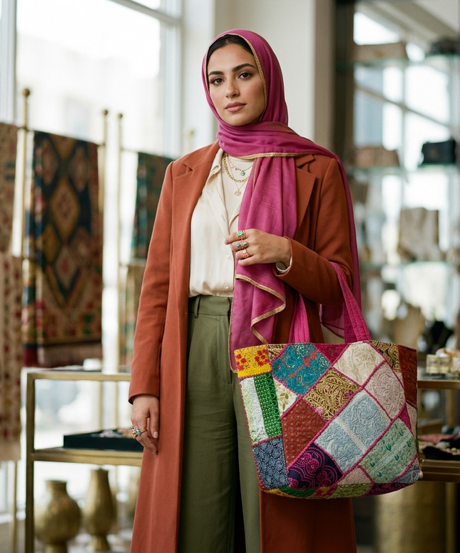 موديل محجبة أنيقة في متجر فاخر ترتدي بالطو برتقالي وشال وردي تحمل شنطة موزاييك البهجة البوهيمية - توت كبيرة مصنوعة بتقنية الباتشورك اليدوي من أكثر من 20 قطعة بروكار حرير بألوان متعددة (فوشيا تركواز فضي أخضر ذهبي) بنقوش بيزلي وزهور مع يد كتف مريحة - شنطة عملية للجامعة والعمل والتسوق من كنوز مصر
