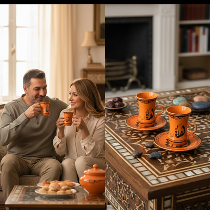  تفاصيل الألوان الترابية الدافئة والرسومات التراثية على طقم فناجين كنوز الليل
