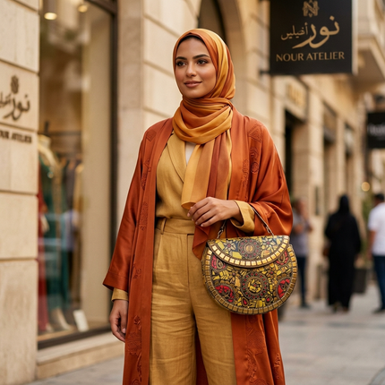 سيدة أنيقة محجبة ترتدي ملابس ترابية بيج وبرتقالية تحمل شنطة قمر الصحراء الذهبي الموزاييك الفرعونية أمام متجر نور أتيليه - إطلالة راقية من كنوز مصر

