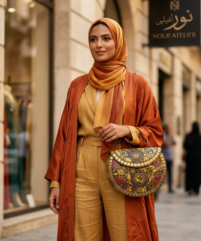 سيدة أنيقة محجبة ترتدي ملابس ترابية بيج وبرتقالية تحمل شنطة قمر الصحراء الذهبي الموزاييك الفرعونية أمام متجر نور أتيليه - إطلالة راقية من كنوز مصر
