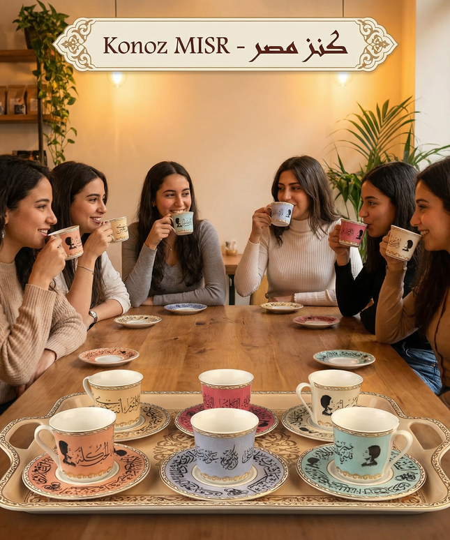 تفاصيل الزخارف العربية الشرقية والألوان الزاهية على طقم فناجين ليالي الشرق