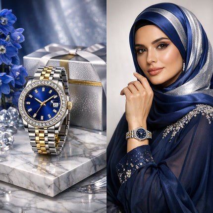 ساعة نسائية فاخرة من معدن ستيل 316L بطلاء ذهبي وردي 18 قيراط، إطار ماسات حقيقية 50 ماسة، شاشة مربعة 32×32 ملم، عقارب ذهبية، حركة كوارتز سويسرية، زجاج ياقوت معاد للخدش، سير معدني ذهبي، مقاومة للماء 30 متر - كنوز مصر
