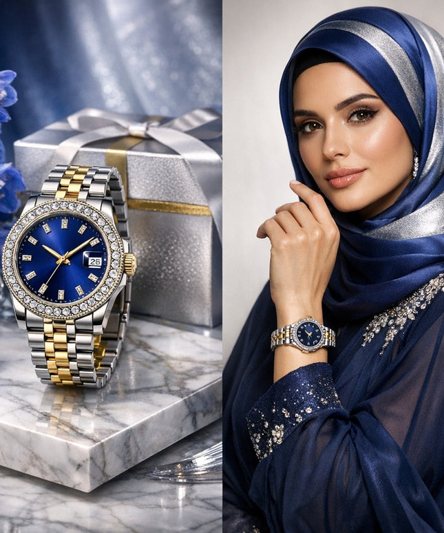 ساعة نسائية فاخرة من معدن ستيل 316L بطلاء ذهبي وردي 18 قيراط، إطار ماسات حقيقية 50 ماسة، شاشة مربعة 32×32 ملم، عقارب ذهبية، حركة كوارتز سويسرية، زجاج ياقوت معاد للخدش، سير معدني ذهبي، مقاومة للماء 30 متر - كنوز مصر
