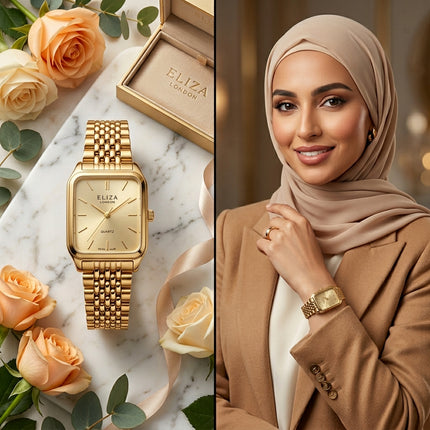  "ساعة نسائية Eliza London ذهب 24K خالص مستطيلة أنيقة 30×36 ملم مع 110 ماسة نمساوية درجة أولى وأرقام عربية ذهبية حركة كوارتز سويسري دقيق مقاومة ماء 50 متر من كنوز مصر"