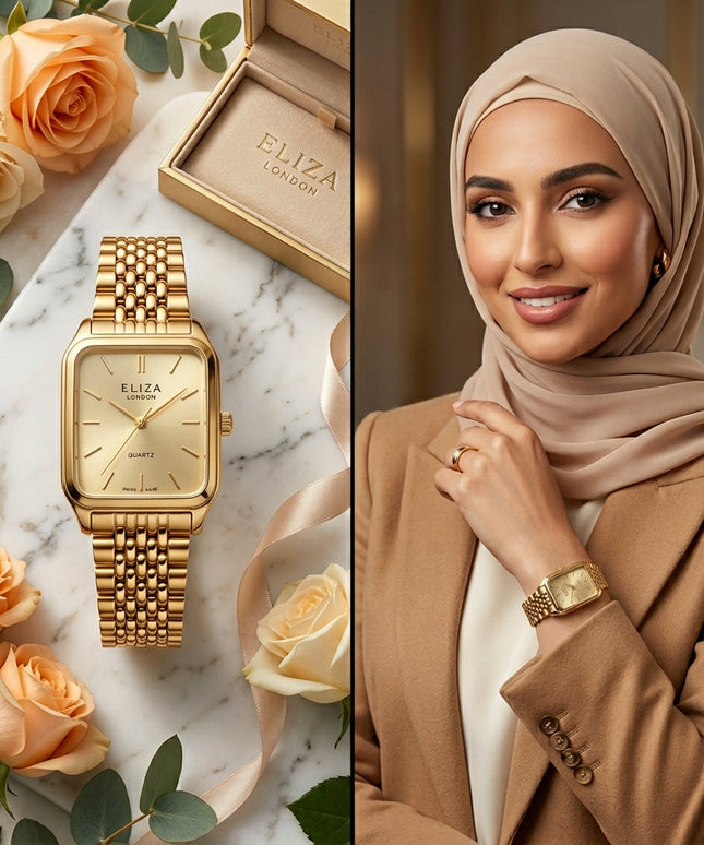  "ساعة نسائية Eliza London ذهب 24K خالص مستطيلة أنيقة 30×36 ملم مع 110 ماسة نمساوية درجة أولى وأرقام عربية ذهبية حركة كوارتز سويسري دقيق مقاومة ماء 50 متر من كنوز مصر"