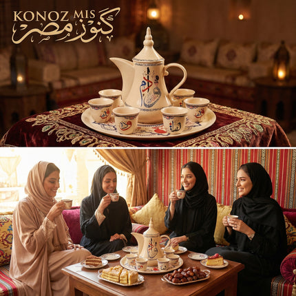 التغليف الفاخر لطقم القهوة الكلاسيكية - علبة كرتون مقوى بتصميم تراثي مع فواصل حماية، جاهز للإهداء الفوري من كنوز مصر
