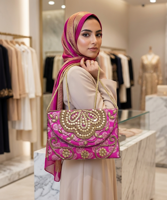 موديل محجبة أنيقة في متجر فاخر ترتدي حجاب فوشيا وذهبي وبلوزة بيج تحمل شنطة جوهرة الملكية على كتفها بسلسلة ذهبية - كلاتش فاخر مصنوع من بروكار حريري فوشيا ملكي مطرز يدوياً بمئات من حبات اللؤلؤ الأبيض والخرز الذهبي اللامع بنقوش بيزلي شرقية تراثية مع غطاء مزخرف وسلسلة كتف ذهبية قابلة للفصل - شنطة فاخرة للأفراح والمناسبات الرسمية من كنوز مصر
