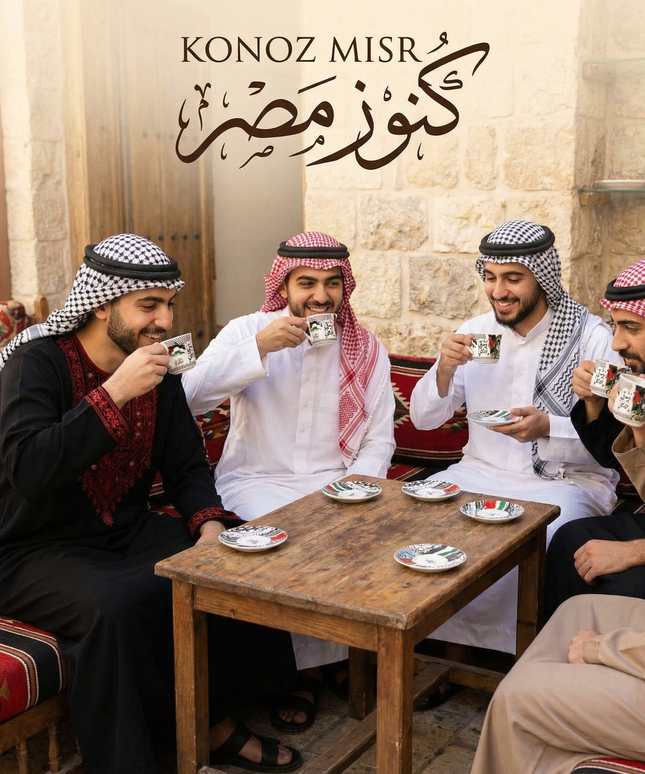 طقم فناجين قهوة "أرض الكرامة" بورسلين فاخر - المصرية الألمانية فتحي محمود - أصالة التراث العربي من كنوز مصر