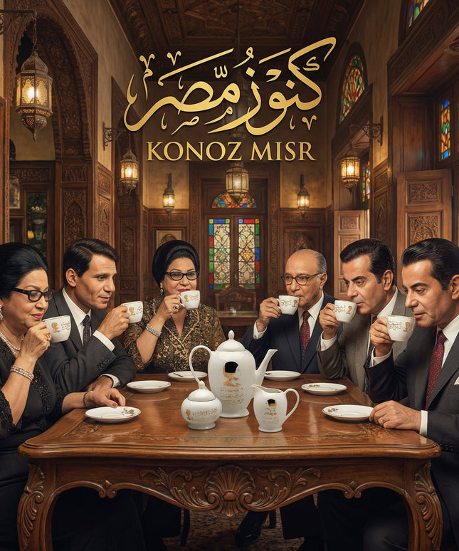 طقم الضيافة الملكية بورسلين فاخر 17 قطعة من فتحي محمود - تصميم كلاسيكي بنقوش ذهبية - كنوز مصر
